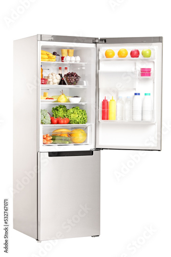 Open fridge full of healthy food products