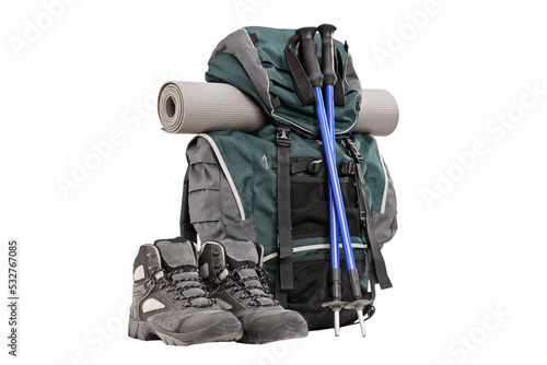 Hiking equipment, rucksack, boots, poles and slipping pad photo