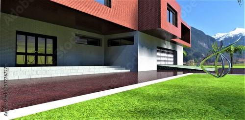 Entrance to a newly built house in the mountains after a light rain. Green grass, red brick pavers. Garage with automatic lifting gates. 3d render.