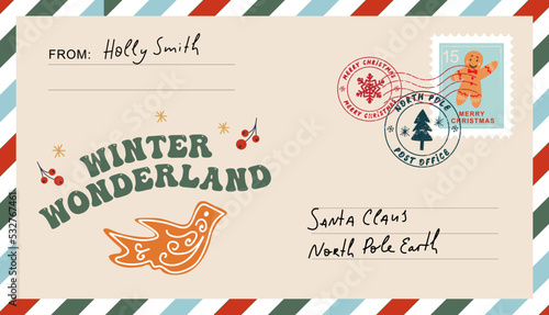Christmas envelope with stamps, seals and inscriptions to santa claus. Winter wondarland sign in groovy style.