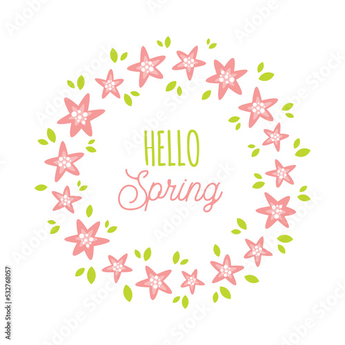 Hello Spring floral wreath Svg cut file. Vector illustration isolated on white background. Hello spring round sign or card. Cute hand drawn flowers and leaves