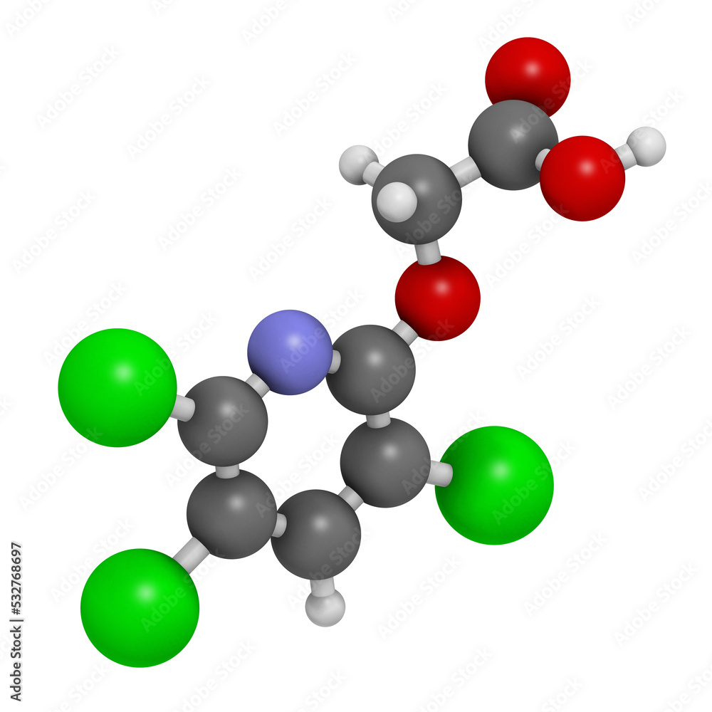 Triclopyr herbicide (broadleaf weed killer) molecule, 3D rendering. Triclopyr herbicide (broadleaf weed killer) molecule, 3D rendering.