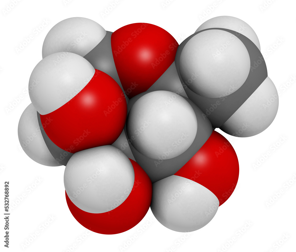 Rhamnose (L-rhamnose) deoxy sugar molecule. 3D rendering. Used in cosmetics to treat wrinkles. Rhamnose (L-rhamnose) deoxy sugar molecule. 3D rendering. Used in cosmetics to treat wrinkles.