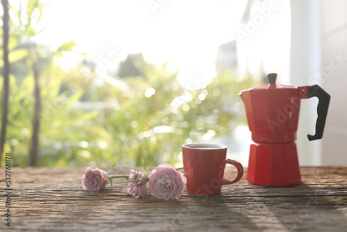 Print op canvas Red moka pot and red coffee mug and pink roses