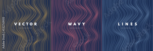 Set of abstract yellow, pink, blue curve wavy lines textures on dark blue background. Simple flat pattern design with copy space. Use for cover template, poster, web banner web, Print ad. Vector EPS10