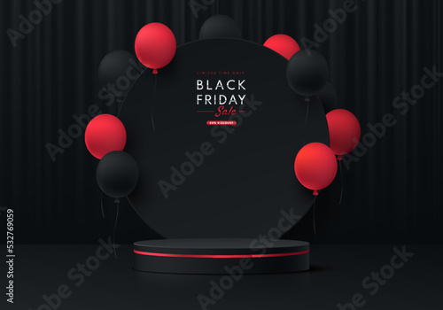 Realistic 3D black, red cylinder pedestal podium with round circle background and red balloon. Black friday sale concept, Vector abstract minimal scene for products stage showcase, Promotion display.