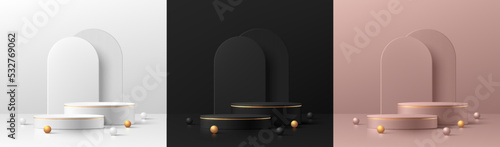 Set of 3D cylinder podium. Black, golden, silver and pink gold with luxury arch shape background. Abstract minimal wall scene for mockup products display. Round stage showcase. Vector geometric forms.