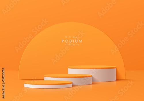 Realistic 3D orange, white steps cylinder pedestal podium set with semi circle scene background. Abstract minimal scene for mockup products display, Round stage for showcase. Vector geometric forms.