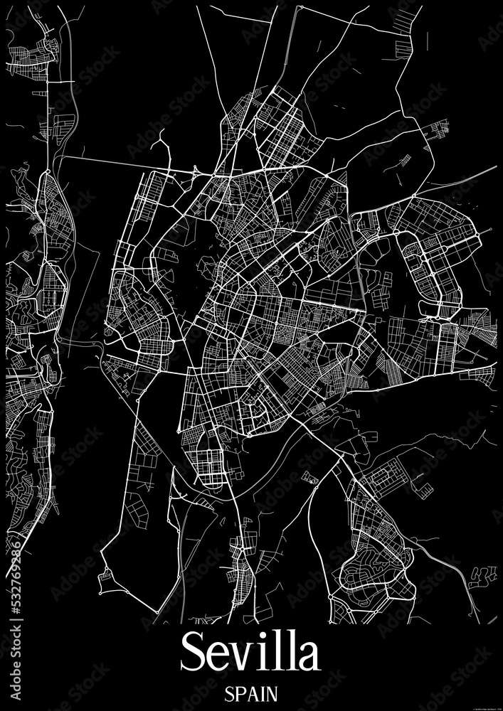 Black and White city map poster of Sevilla Spain.