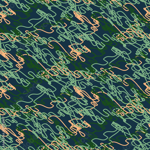 Abstract scribbled strokes tangled shapes background seamless pattern vector.