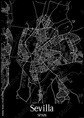Black and White city map poster of Sevilla Spain.