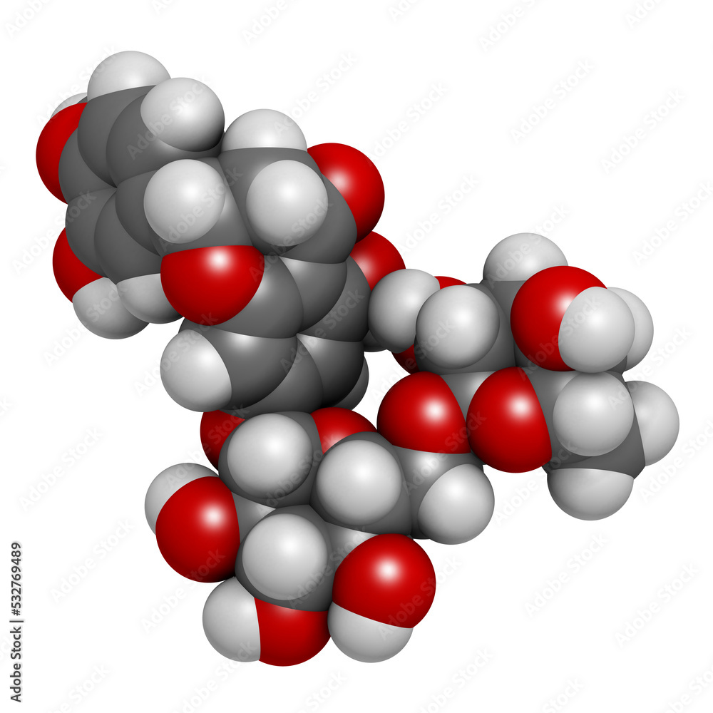 Hesperidin citrus flavanone molecule, 3D rendering. Hesperidin citrus flavanone molecule, 3D rendering.
