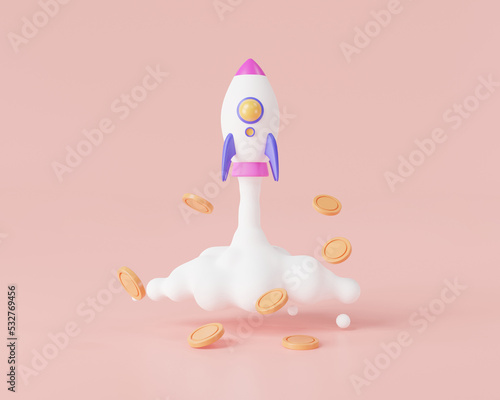 Rocket rising moving up with coins floating. Business start-up concept, bitcoin to the moon, successful business, growth statistics, business finance. 3d icon rendering illustration. cartoon minimal