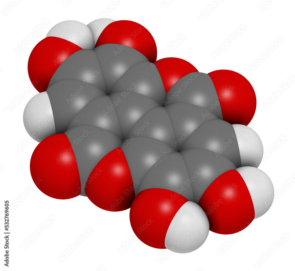 Ellagic acid dietary supplement molecule, 3D rendering. Ellagic acid dietary supplement molecule, 3D rendering.