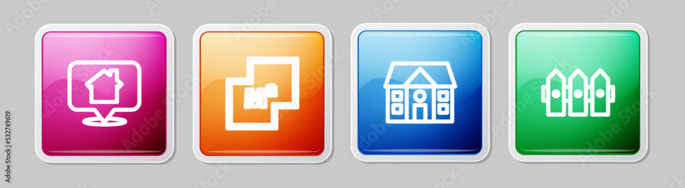 Set line Location with house, House plan, and Garden fence wooden. Colorful square button. Vector Set line Location with house, House plan, and Garden fence wooden. Colorful square button. Vector