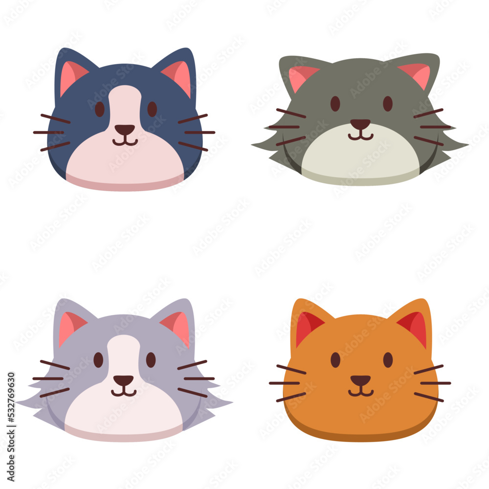 Vector set of illustration with happy cute different cat face character isolated in white color background. cat face vector collection