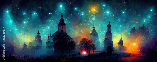 A mystical magical  night with glowing lights in the sky and a landscape with trees and silhouettes of Christian temples, Generative AI © Olena Panasovska