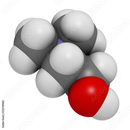 Dimethylaminoethanol  dimethylethanolamine  DMEA  DMAE  molecule. 3D rendering.  May have beneficial effects on health  including lifespan increase.