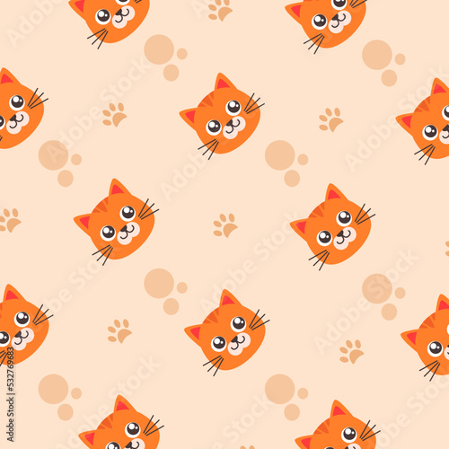 Cats seamless vector pattern  cute orange cat head  paw prints  for fabric childish pattern