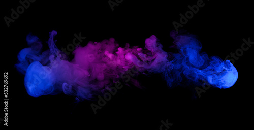 Swirling neon blue and purple multicolored vape smoke puff cloud design element isolated on black background