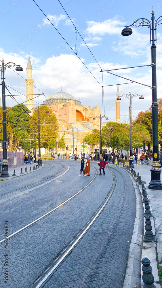 Istanbul, TURKEY - October 10, 2021: The Hagia Sophia (also called Hagia Sophia or Ayasofya) exterior view, famous Byzantine landmark and world wonder in Istanbul