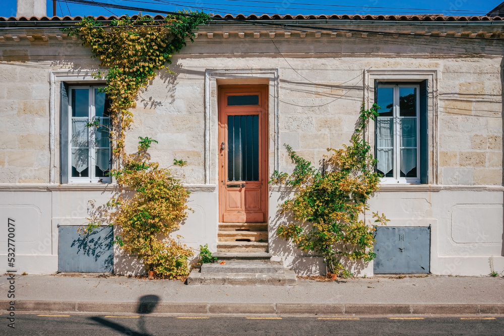 House facade of a traditional French house in a suburb of Bordeaux. Frontal view with sidewalk. 2 windows with curtains, red wooden door, light wall with ivy overgrown. Sunny day with blue sky. 