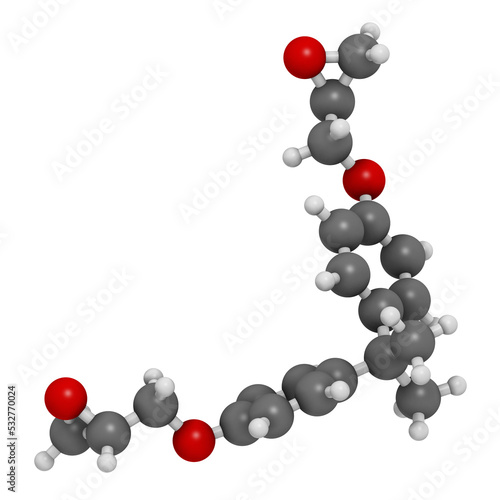 Bisphenol A diglycidyl ether (BADGE, DGEBA) epoxy glue constituent molecule, 3D rendering. photo