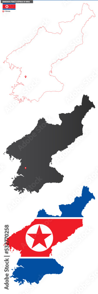 Map of North Korea with capital city and national flag