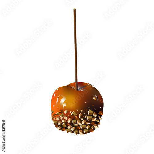 Caramel apple or candy apple on stick with nuts vector cartoon style icon, illustration.