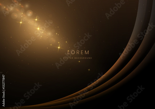 Abstract elegant gold curve glowing with lighting effect sparkle on black background.