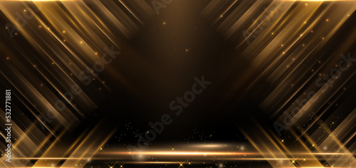 Abstract elegant 3d star gold with lighting effect diagonal scene sparkle on black background.