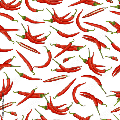 Seamless pattern with whole  half  wedges  and slices of Cayenne peppers. Ginnie peppers. Chili peppers. Vegetables. Vector illustration isolated on white background. Cartoon style.