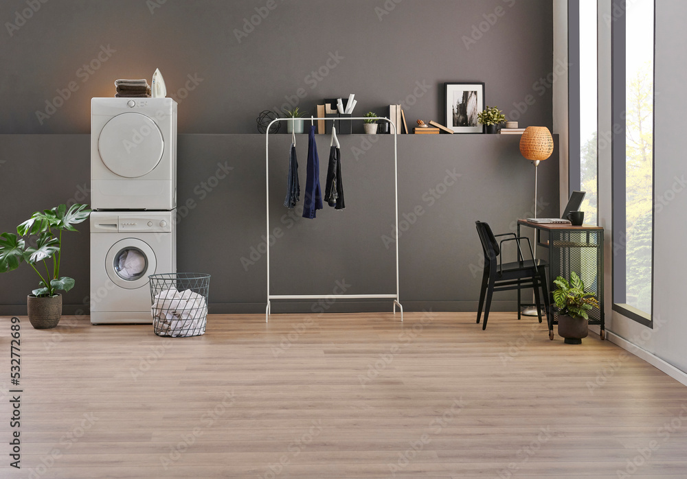 Washing and drier machine in the grey wall room background, laundry, clothe, sofa and working table style, minimalist home interior. Washing and drier machine in the grey wall room background, laundry, clothe, sofa and working table style, minimalist home interior.