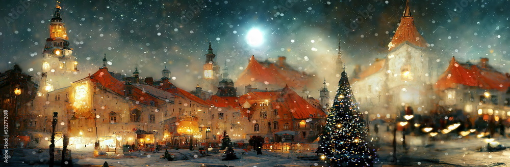 Naklejka premium Christmas city , tree on medieval city ,stree lamp evening blurred light ,old houses ,pedestrian walk, old town market place Tallinn old town, festive banner