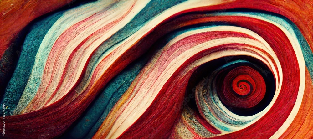 Spiraling vortex of dried multi color acrylic paint, mostly red, cyan blue and ivory white pigments mixed. Vibrant saturated swirls of abstract art background bliss.  