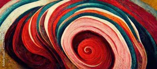 Spiraling vortex of dried multi color acrylic paint, mostly red, cyan blue and ivory white pigments mixed. Vibrant saturated swirls of abstract art background bliss. 