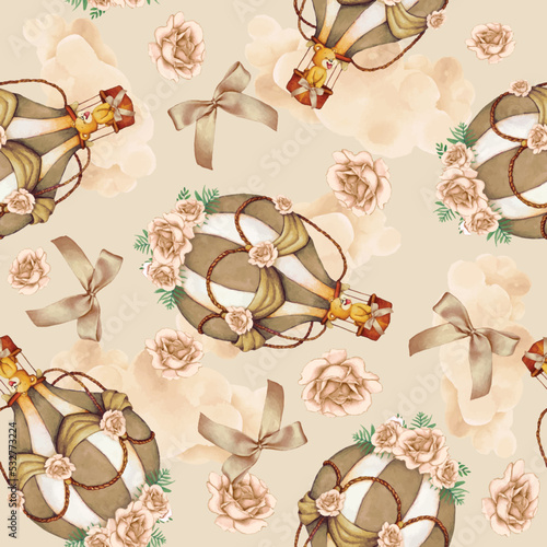 pattern illustration of beige hot air balloon with teddy bear