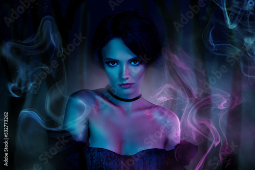 Poster banner collage of stunning scary lady zombie enchanted isolated on ultraviolet effect mist fog image background