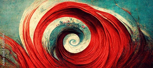 Obraz na plátně Spiraling vortex of dried multi color acrylic paint, mostly red, cyan blue and ivory white pigments mixed