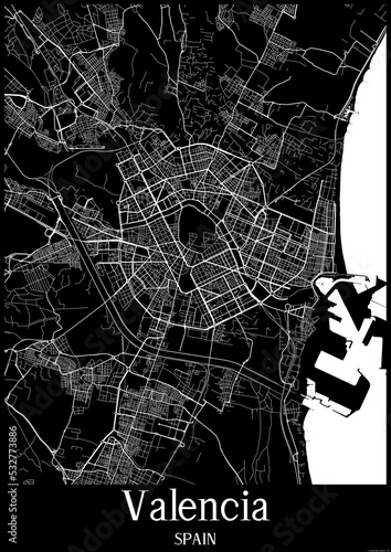 Black and White city map poster of Valencia Spain.
