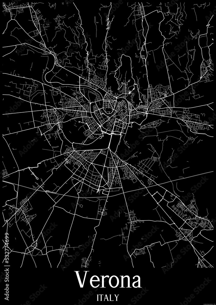 Black and White city map poster of Verona Italy.