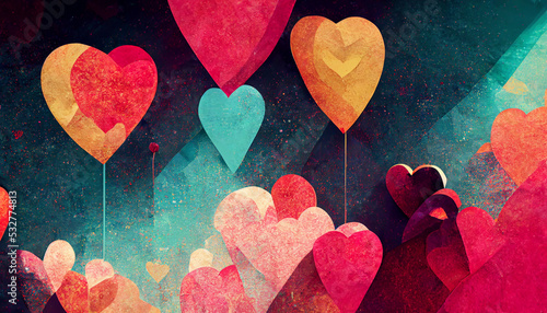 Foto Beautiful abstract wallpaper, background with hearts, balloons, confetti, good f