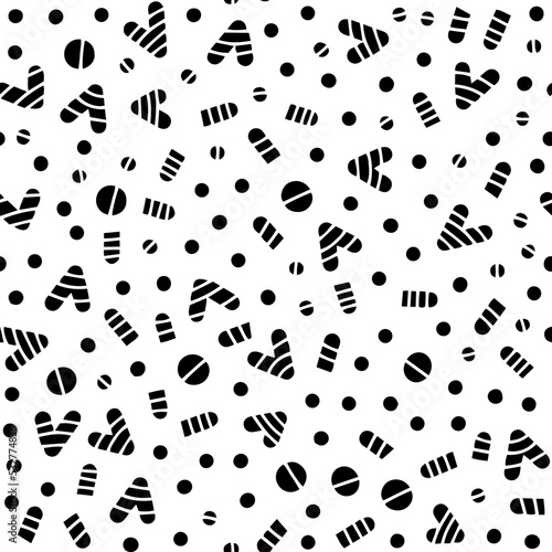 Vector seamless pattern with simple curvy shapes. Repeatable background with pills, capsules and hearts. White and black backdrop.