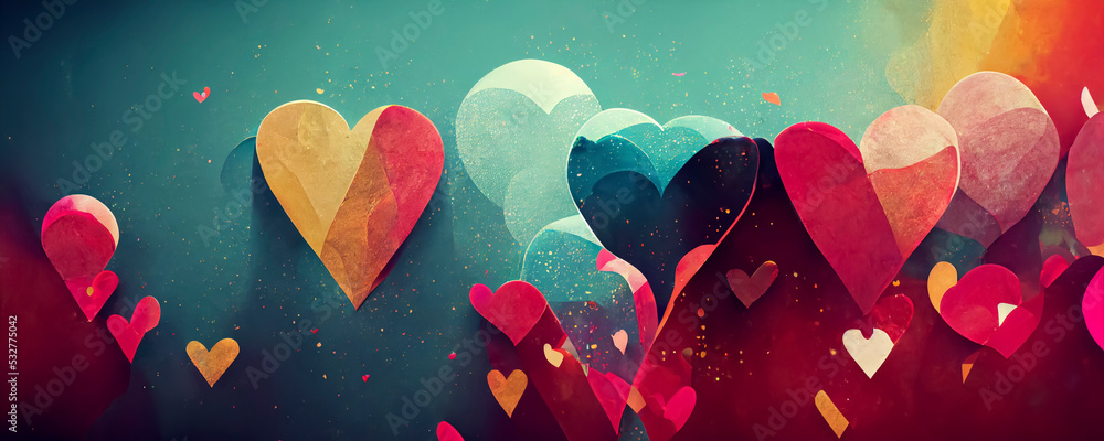 Beautiful abstract wallpaper, background with hearts, balloons, confetti, good for Valentine's Day, Mother's day, celebration, party - obrazy, fototapety, plakaty 
