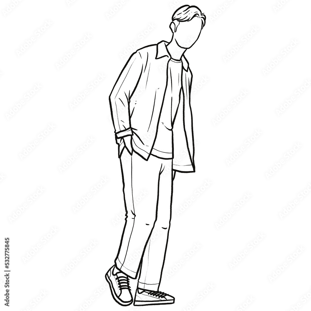 Man standing with his hands in his pants pocket line vector drawing. Minimalistic contour illustration.