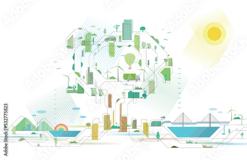 Staggered lines Quality City 6 Big tree with city and some elements of environmental vector illustration graphic EPS 10