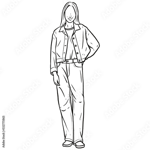 Girl standing with his hands in his pants pocket line vector drawing. Minimalistic contour illustration.