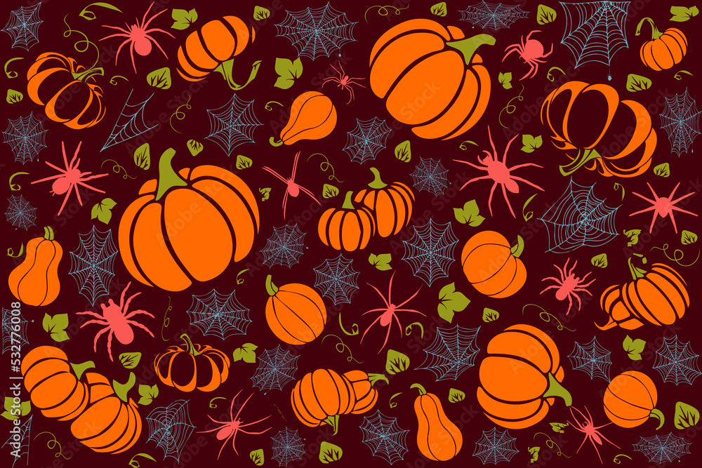 Obraz premium Background with pumpkins, leaves, spiders and cobwebs