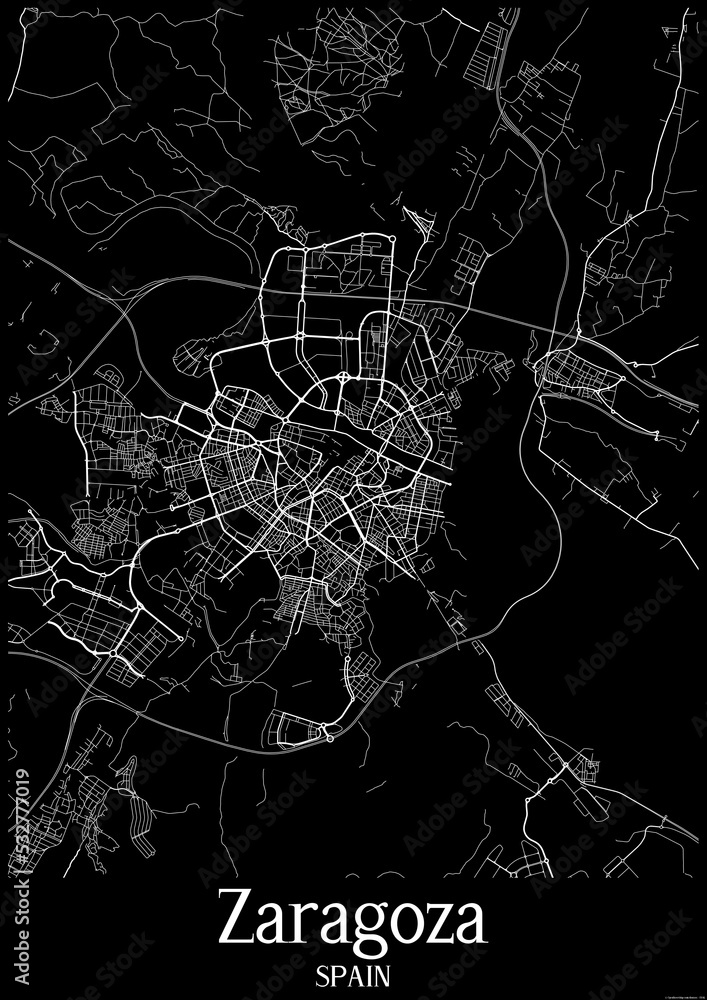 Black and White city map poster of Zaragoza Spain.
