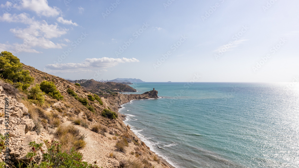 Cliffs in the Mediterranean Sea in the south of Spain. White coast Spain. Valencian Community